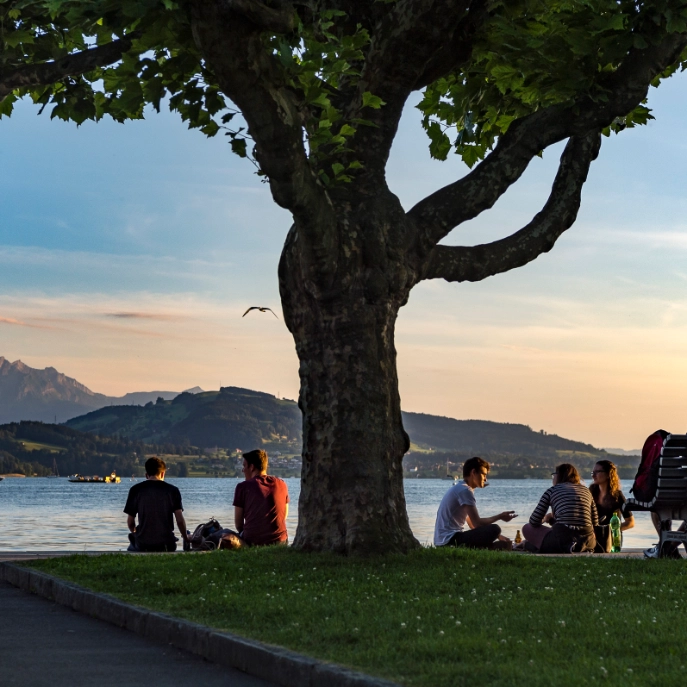 Menschengruppen am See an einem Sommerabend